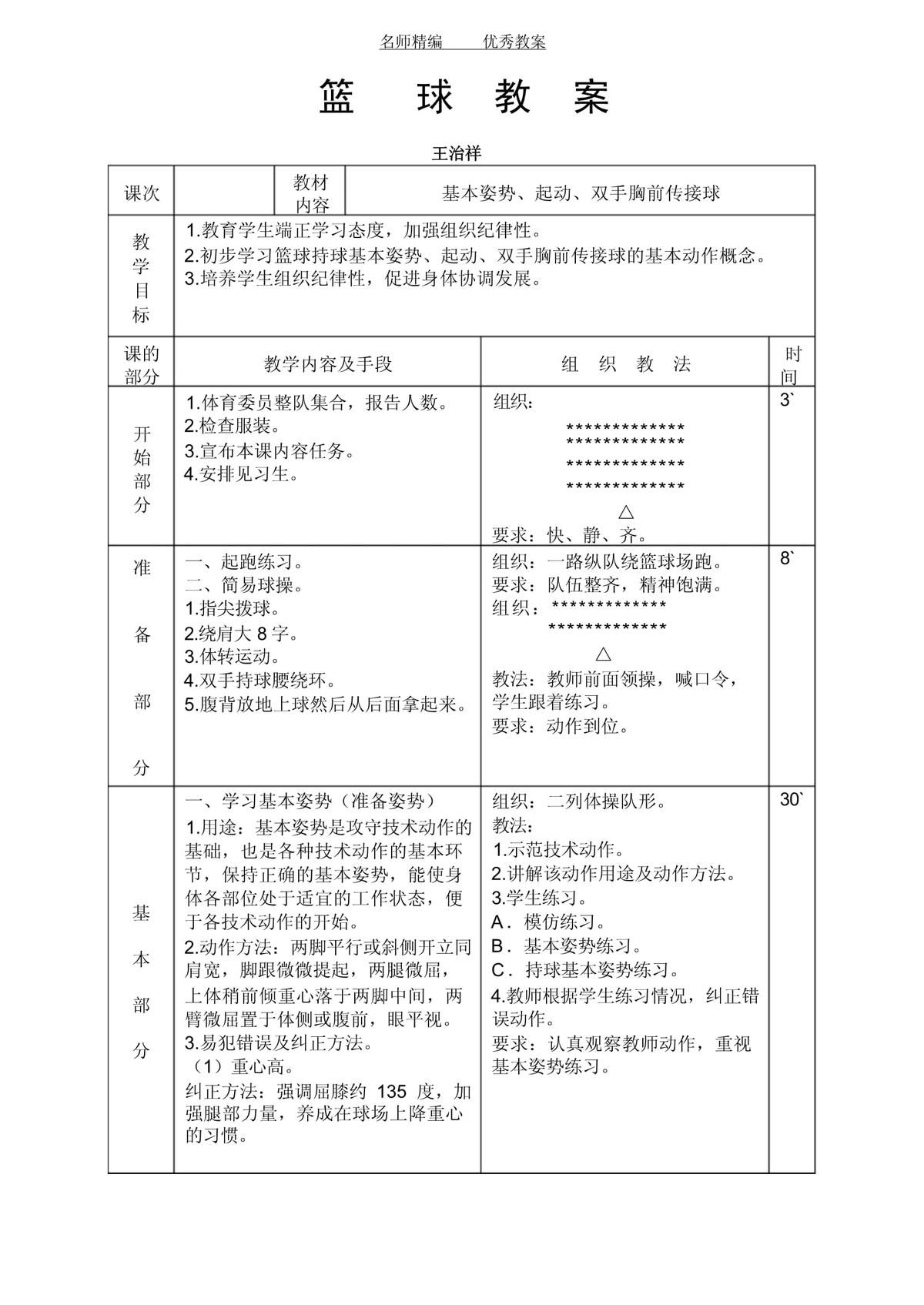 篮球训练课计划及实施情况
